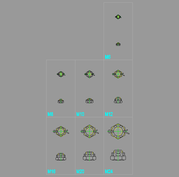 Bloque Autocad Juego varias medidas de TUERCAS HEXAGONAL ALMENADA DIN 979 BAJA